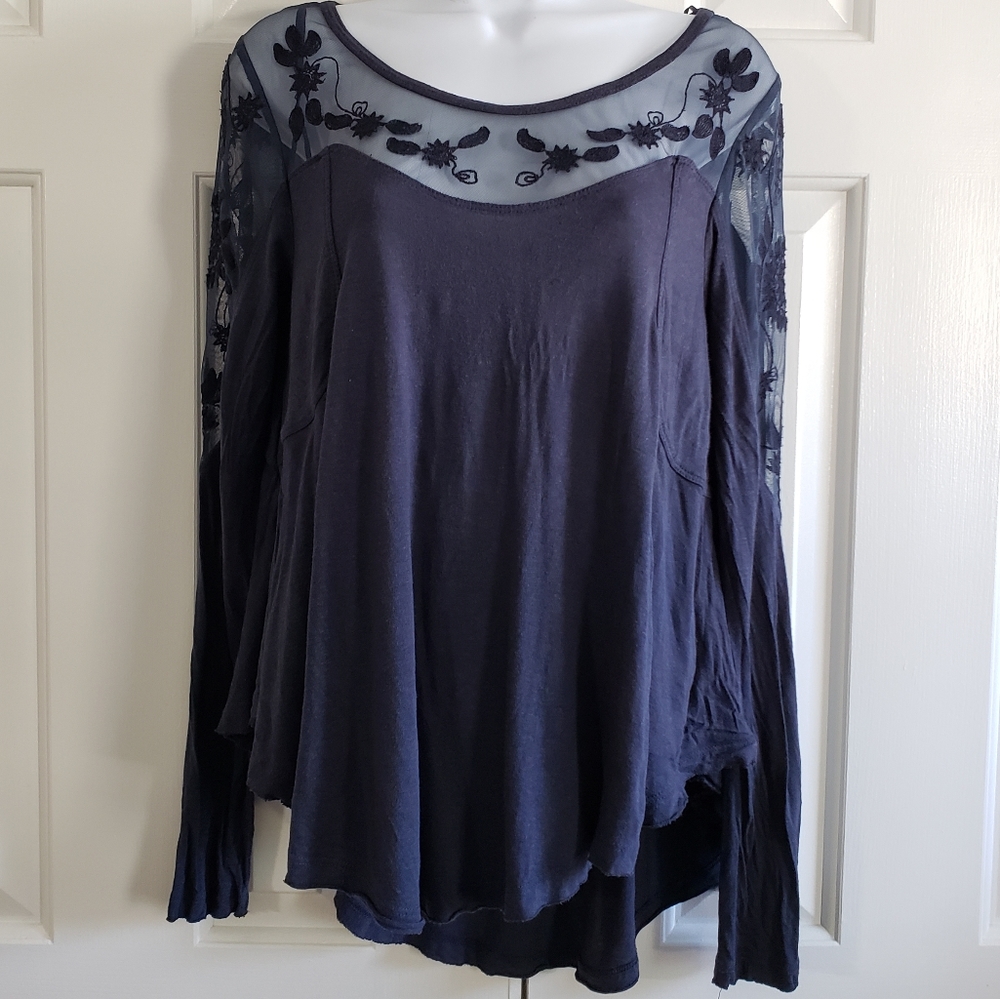 Free People New Romantics Shirt S Navy Embroidered Fairy Boho Mesh Sheer Flowy